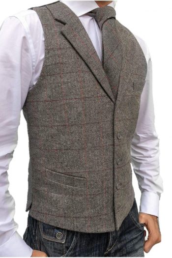 L A Smith Grey Check Lapel Tweed Waistcoat - 36 - Suit & Tailoring