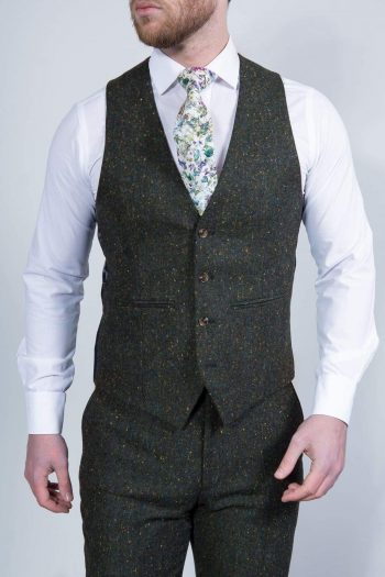 Torre Mens Green 100% Wool Donegal Tweed Waistcoat - Suit & Tailoring