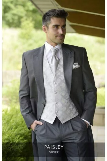 Heirloom Paisley Mens Silver Luxury 100% Wool Tweed Waistcoat - 34R - WAISTCOATS
