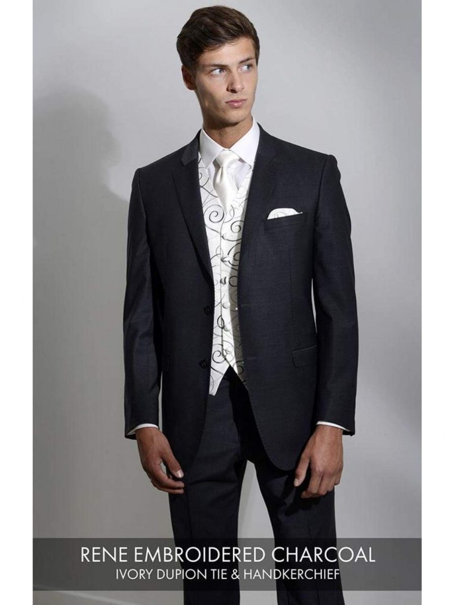 Heirloom Rene Mens Embroiered Charcoal Luxury 100% Wool Tweed Waistcoat - 34R - WAISTCOATS