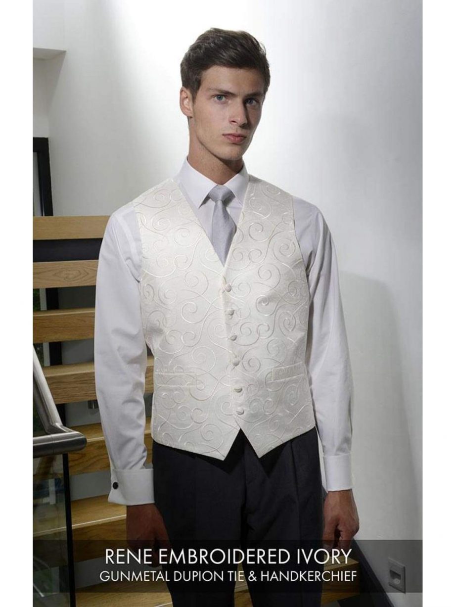 Heirloom Rene Mens Embroiered Ivory Luxury 100% Wool Tweed Waistcoat - 34R - WAISTCOATS
