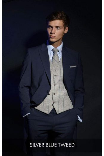Heirloom Silver Blue Luxury 100% Wool Tweed Waistcoat - 34R - WAISTCOATS