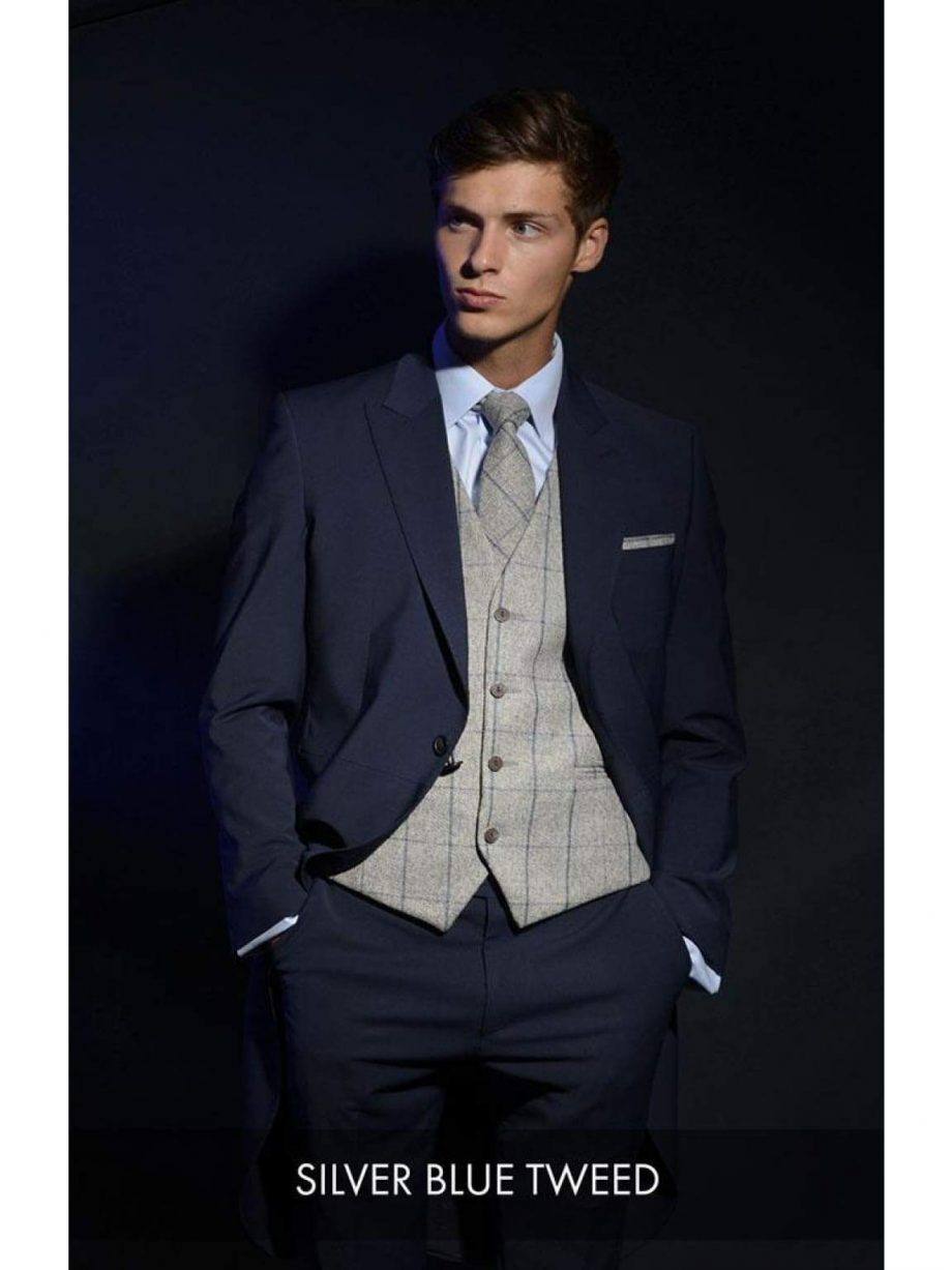 Heirloom Silver Blue Luxury 100% Wool Tweed Waistcoat - 34R - WAISTCOATS