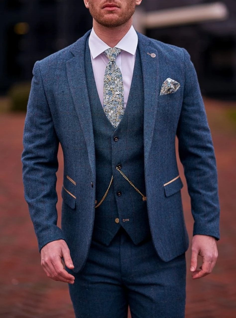 Blue Tweed Wedding Suit Slim Fit Check Dion by Marc Darcy