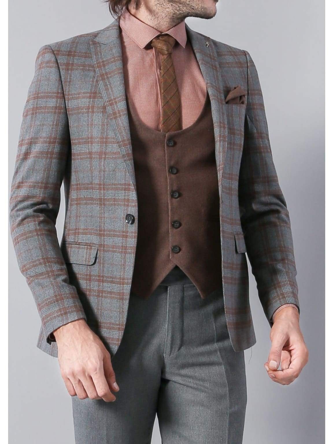 Simon Mens 3 Piece Grey Brown Mix & Match Slim Fit Suit - 36R - Suit & Tailoring