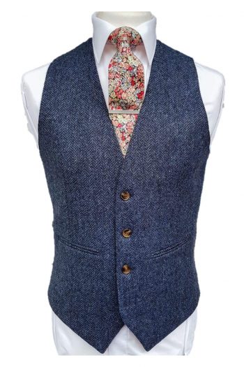 Torre Blue 100% British Wool Herringbone Mens Tweed Waistcoat - Suit & Tailoring
