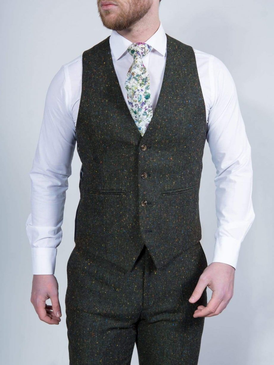 Torre Mens Green 100% Wool Donegal Tweed Waistcoat - Suit & Tailoring